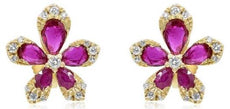 ESTATE 1.42CT DIAMOND & AAA RUBY 18KT YELLOW GOLD 3D FLOWER STUD EARRINGS