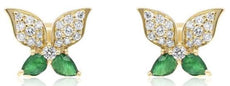 .53CT DIAMOND & AAA EMERALD 14KT YELLOW GOLD PEAR SHAPE BUTTERFLY STUD EARRINGS