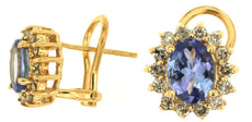 2.10CT DIAMOND & AAA TANZANITE 14KT YELLOW GOLD 3D OVAL & ROUND CLIP ON EARRINGS