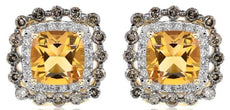 2.9CT DIAMOND & AAA CITRINE 14K YELLOW GOLD CUSHION & ROUND FLOWER STUD EARRINGS