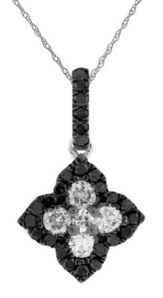 .50CT WHITE & BLACK DIAMOND 14K WHITE GOLD 4 LEAF CLOVER FLOWER FLOATING PENDANT