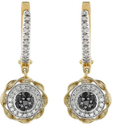 .60CT WHITE & BLACK DIAMOND 14KT 2 TONE GOLD 3D FLOWER FILIGREE HANGING EARRINGS