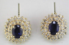 LARGE 3.14CT DIAMOND & AAA SAPPHIRE 14K YELLOW GOLD OVAL & ROUND FLOWER EARRINGS