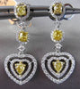 ESTATE LARGE 2.34CT FANCY DIAMOND 18K 2 TONE GOLD TRIPLE HEART HANGING EARRINGS