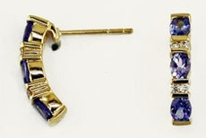 1.10CT DIAMOND & AAA TANZANITE 14KT YELLOW GOLD OVAL 3 STONE HANGING EARRINGS