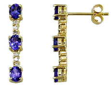 1.22CT DIAMOND & AAA TANZANITE 14KT YELLOW GOLD 3D OVAL & ROUND HANGING EARRINGS