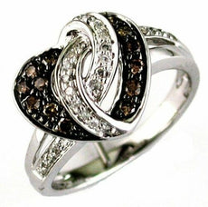 .40CT WHITE & CHOCOLATE FANCY DIAMOND 14K WHITE GOLD DOUBLE HEART LOVE KNOT RING
