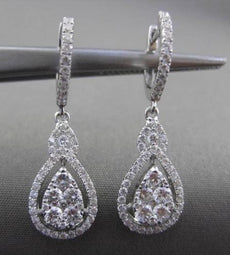 ESTATE LARGE 1.13CT DIAMOND 18KT WHITE GOLD 3D PEAR CLUSTER HANGING EARRINGS