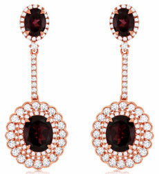 ESTATE LARGE 12.0CT DIAMOND & AAA RHODOLITE 14KT ROSE GOLD OVAL HANGING EARRINGS