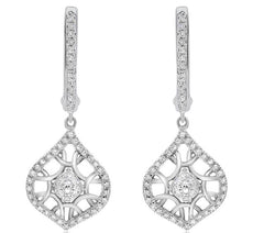 ESTATE .33CT DIAMOND 14KT WHITE GOLD 3D FLOWER TEAR DROP HANGING EARRINGS