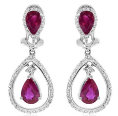 2.92CT DIAMOND & AAA RUBY 18KT WHITE GOLD 3D ROUND & PEAR SHAPE HANGING EARRINGS