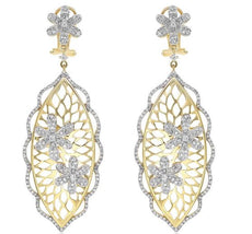 1.61CT DIAMOND 14KT YELLOW GOLD 3D MULTI FLOWER FILIGREE LEAF HANGING EARRINGS