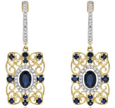 2.36CT DIAMOND & AAA SAPPHIRE 14KT YELLOW GOLD 3D MULTI HEART HANGING EARRINGS