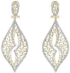 1.46CT DIAMOND 14KT YELLOW GOLD FILIGREE DOUBLE LEAF TEAR DROP HANGING EARRINGS