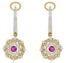 .49CT DIAMOND & AAA RUBY 14KT YELLOW GOLD OPEN FILIGREE FLOWER HANGING EARRINGS