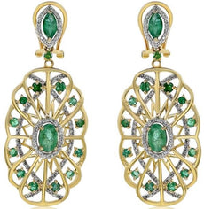 1.96CT DIAMOND & AAA EMERALD 14KT YELLOW GOLD 3D FLOWER CLIP ON HANGING EARRINGS