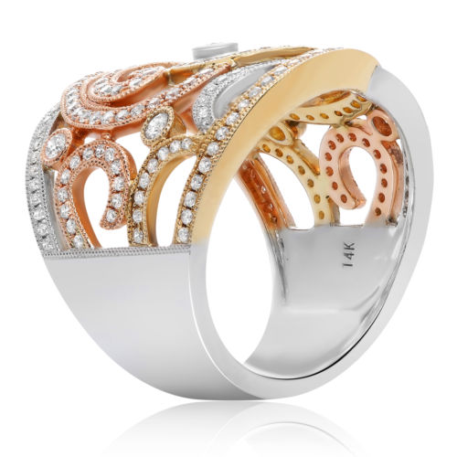 ESTATE LARGE .94CT DIAMOND 14KT WHITE YELLOW & ROSE GOLD 3D MULTI WAVE FUN RING