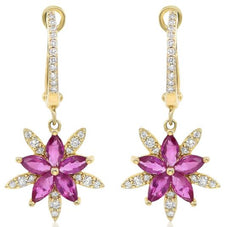 ESTATE 1.99CT DIAMOND & AAA RUBY 14KT YELLOW GOLD 3D FLOWER HANGING EARRINGS