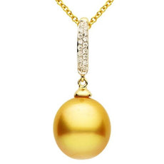 ESTATE .07CT DIAMOND & AAA GOLDEN PEARL 14KT YELLOW GOLD 2 ROW PAVE BAR PENDANT