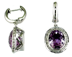 7.70CT DIAMOND & AAA AMETHYST 14KT WHITE GOLD OVAL HALO HUGGIE HANGING EARRINGS
