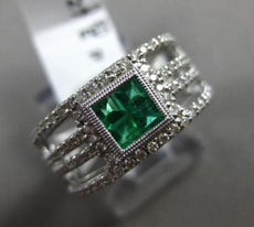 ESTATE WIDE .89CT DIAMOND & AAA EMERALD 14KT WHITE GOLD 3D MULTI ROW SQUARE RING