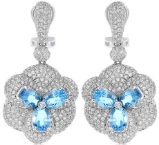 LARGE 5.58CT DIAMOND & AAA BLUE TOPAZ 14KT WHITE GOLD 3D FLOWER HANGING EARRINGS