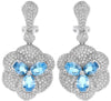 LARGE 5.58CT DIAMOND & AAA BLUE TOPAZ 14KT WHITE GOLD 3D FLOWER HANGING EARRINGS