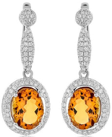 4.34CT DIAMOND & AAA CITRINE  14KT WHITE GOLD OVAL DOUBLE HALO HANGING EARRINGS