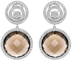 26.21CT DIAMOND & AAA SMOKY TOPAZ 14KT WHITE GOLD 3D FLOWER HANGING EARRINGS