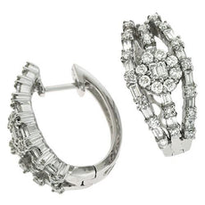 1.42CT DIAMOND 14K WHITE GOLD 3D ROUND & BAGUETTE FLOWER HUGGIE HANGING EARRINGS
