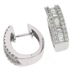 LARGE 1.02CT DIAMOND 14KT WHITE GOLD ROUND & BAGUETTE THREE ROW HUGGIE EARRINGS