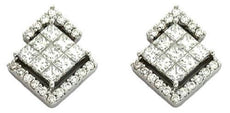 1.08CT DIAMOND 14KT WHITE GOLD ROUND & PRINCESS INVISIBLE V SHAPE STUD EARRINGS
