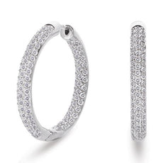 LARGE 1.96CT DIAMOND 14KT WHITE GOLD 3D 3 ROW INSIDE OUT HOOP HANGING EARRINGS