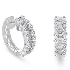 2.16CT DIAMOND 14KT WHITE GOLD 3D ROUND & BAGUETTE 3 ROW HUGGIE HANGING EARRINGS