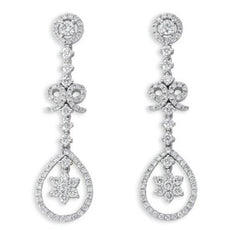 ESTATE LONG 1.56CT DIAMOND 14KT WHITE GOLD FLOWER TEAR DROP BOW HANGING EARRINGS