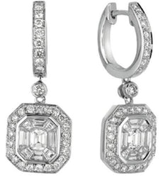 LARGE 1.85CT DIAMOND 14KT WHITE GOLD OCTAGON BEZEL HALO CLIP ON HANGING EARRINGS