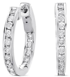 1.02CT DIAMOND 14K WHITE GOLD 3D CHANNEL INSIDE OUT HUGGIE HOOP HANGING EARRINGS