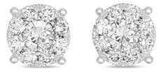 LARGE 1.25CT DIAMOND 14KT WHITE 3D GOLD ROUND CLUSTER INVISIBLE STUD EARRINGS