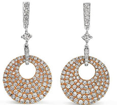 LARGE 1.41CT DIAMOND 14KT WHITE & ROSE GOLD 3D CIRCULAR PAVE HANGING EARRINGS
