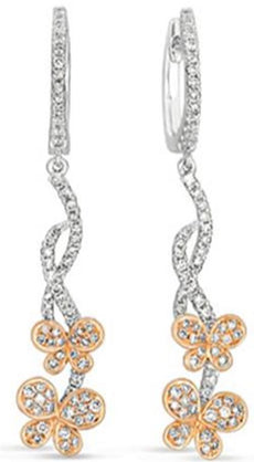 .68CT DIAMOND 14KT WHITE & ROSE GOLD 3D DOUBLE BUTTERFLY LOVE HANGING EARRINGS