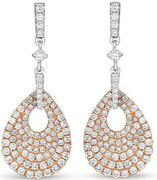 LARGE 1.78CT DIAMOND 14KT WHITE & ROSE GOLD 3D PAVE TEAR DROP HANGING EARRINGS