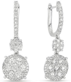 ESTATE LARGE 1.76CT DIAMOND 14K WHITE GOLD DOUBLE FLOWER HUGGIE HANGING EARRINGS