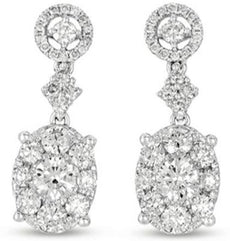 ESTATE LARGE 2.14CT DIAMOND 14K WHITE GOLD OVAL CLUSTER CLASSIC HANGING EARRINGS