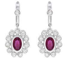 1.44CT DIAMOND & RUBY 18KT WHITE GOLD OVAL & ROUND FLOWER BEZEL HANGING EARRINGS