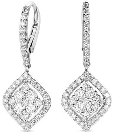 1.47CT DIAMOND 14KT WHITE GOLD 3D CLUSTER TEAR DROP LEVERBACK HANGING EARRINGS