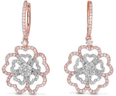 LARGE 1.46CT DIAMOND 14K WHITE & ROSE GOLD DOUBLE FLOWER HUGGIE HANGING EARRINGS