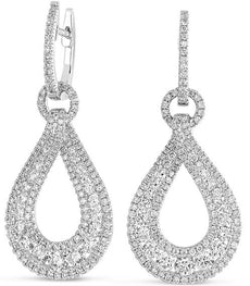 LARGE 2.28CT DIAMOND 14KT WHITE GOLD MULTI ROW TEAR DROP HUGGIE HANGING EARRINGS