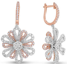 LARGE 2.24CT DIAMOND 14KT WHITE & ROSE GOLD 3D FLOWER LEVERBACK HANGING EARRINGS