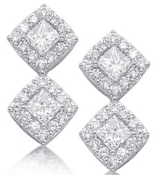 1.38CT DIAMOND 14KT WHITE GOLD ROUND & PRINCESS DOUBLE SQUARE HANGING EARRINGS