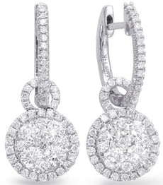 LARGE 1.20CT DIAMOND 14KT WHITE GOLD 3D FLOWER HALO LOVE KNOT HANGING EARRINGS